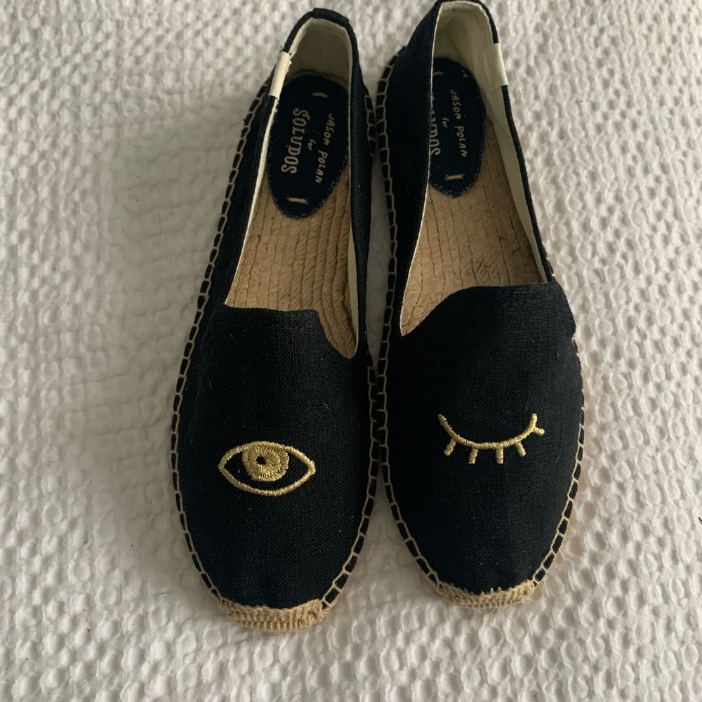 Soludos Black Embroidered Wink Eye Espadrilles